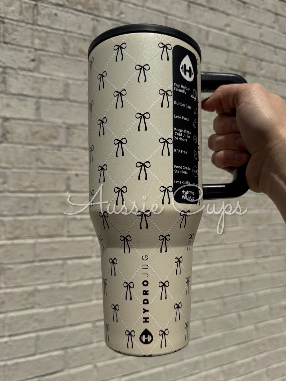Black Bow Print Tumbler Traveler Cup with straw, Tan Quilted White - Stella 40oz